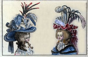 Fashion 18th century: hairstyle and hats of French women around 1787.