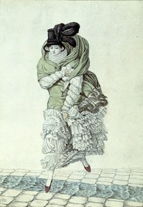 Fashion plate depicting a lady crossing a sewage stream
