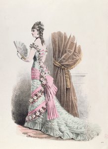Fashion plate of a woman in evening dress and with a fan by French School