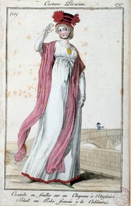 Fashion under the Directoire: elegant young woman wearing a Parisian suit: cockade in sheets on English hat, dress frowned with coblentz. Anonymous engraving. 1797 by French School