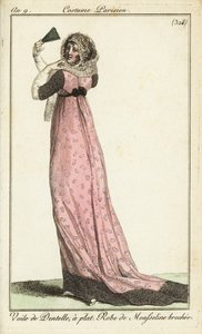 Fashionable woman in lace veil, damask muslin dress by French School