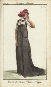 Fashionable woman in satin bonnet and crepe dress by French School