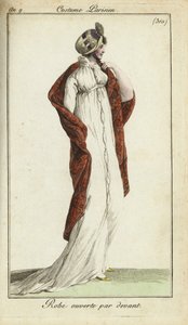 Fashionable woman in straw hat, dress and shawl by French School