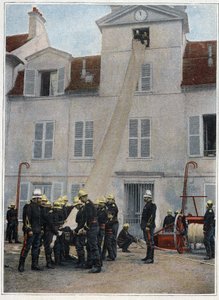 Firefighters of Paris. The rescue comes first. Climbing to arrive near the disasters is done immediately by means of the hooks, the chair knots or the lifebag mounted by the pump manager and the first servant. The sappers below support the end of it