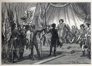 First coalition: Joachim Murat (1767-1815) presents to the Executive Board the flags conquered by the French army, commanded by Napoleon Bonaparte, during the Italian campaign. Engraving from 1889. Private collection