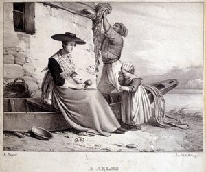 Fisherman, his wife in regional costume and their child in Arles