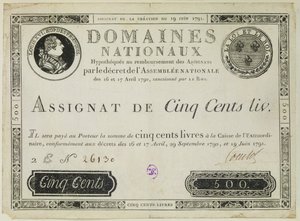 Five hundred livres banknote, 19th June 1791