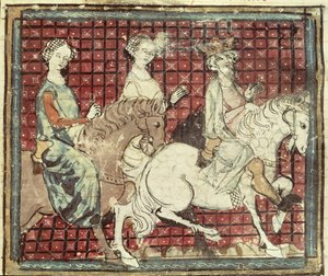 Chilperic I (543-97) and Fredegonde on Horseback, from the Grandes Chroniques de France, 1375-79 by French School