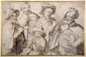 Four hurdy-gurdy players and a boy with a pipe