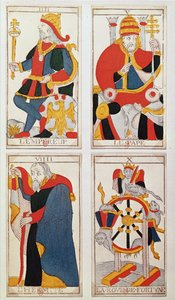 Four tarot cards depicting The Emperor, The Pope, The Hermit and The Wheel of Fortune