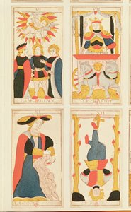Four tarot cards depicting The Lovers, The Chariot, Strength and The Hanged Man
