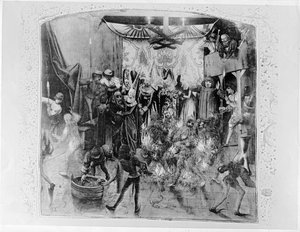 Bal des Ardents, Charles VI being saved by the Duchess of Berry after Louis of Orleans set fire to the dancers costumes, from Froissart