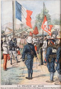 France taking over the territories of Krat and Koh-Kong, Siam after the Treaty of 1904 agreed between the Siamese and the French. Illustration for Le Petit Journal, February 1905 by French School