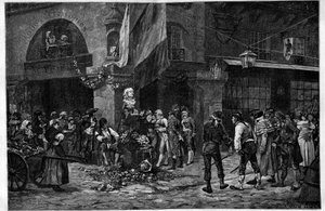French Revolution: The bust of Marat at the pillar of the Halles (engraving)