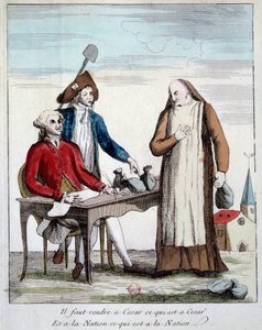 French Revolution: caricatural representation of a member of the clergy forced to return the property of the church. 