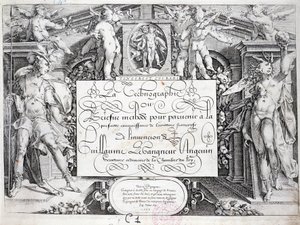 French calligraphy: Technography, frontispiece by Guillaume the Gangneur around 1599. Historical library of the city of Paris by French School