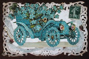 Friendship greeting card depicting a car covered in flowers, early 20th century by French School