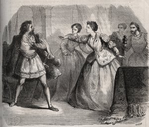 Gabrielle de Vergy Disputes Her Fiance, Eudes de Fayel, Who Is Jealous of the Friendship She Has with Her Cousin, Albert de Nozereau. Scene of a 12th Century Legend. Engraving from 1871 in 