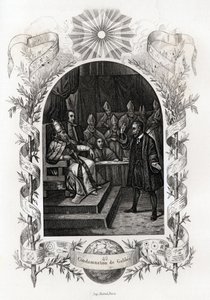 Galileo Galilei before the Holy Office in the Vatican. Engraving to illustrate Histoire des popes by Maurice Lachatre by French School