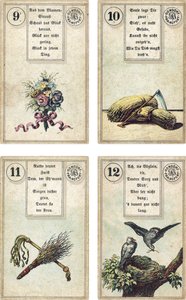 German edition of the Lenormand French cartomancy deck: The Flowers, The Scythe, The Birch-rod, The Whip, The Birds, published by Dondorf, Frankfurt, 19th Century by French School