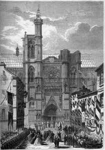 Gothic architecture: view of the Cathedrale Notre Dame de Clermont Ferrand, during the visit of Napoleon III and the Impress Eugenie de Montijo in 1862. Engraving in 