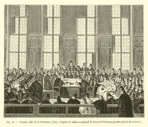 Great hall of the Sorbonne, 1732; after the original painting by Gerard Terbourg, great gallery of the Louvre by French School