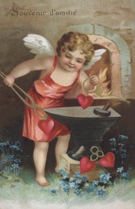 Greetings Card Showing a Cherub Creating Friendship Tokens in a Forge