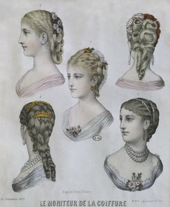 Hairstyles, illustration from Le Moniteur de la Coiffure, 10th December 1879 by French School