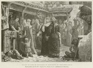 Halles of Paris and Merchant Shops in the Thirteenth Century (engraving) by French School