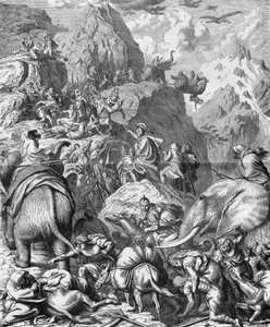 Hannibal Crossing the Alps with Elephants to Arrive in Italy (II Punic War). Engraving of the 19th Century