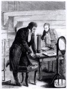 Hans Christian Oersted discovering the deviation of the magnetic needle by closed current in 1820, from Les Merveilles de la Science by Louis Figuier, 1867 by French School