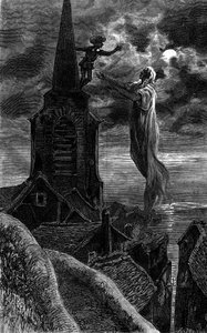 He appeared on the bell tower of the church. Engraving illustrating the novel Fire and Flame by Zenaide Fleuriot. In Le Journal de la jeunesse by French School