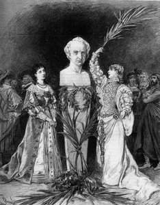 Henriette Rosine Bernard called Sarah Bernhardt (1844-1923) reciting The Battle of Hernani by Francois Coppee, in front of the bust of Victor Hugo (1802-1885) on the occasion of the fiftieth anniversary of the play Hernani. Paris, Comedie Francaise