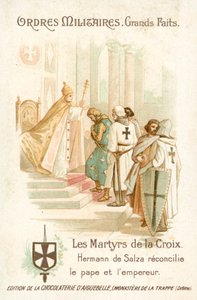 Hermann von Salza, Grand Master of the Teutonic Knights, brings about a reconciliation between Pope Gregory IX and Emperor Frederick II by French School