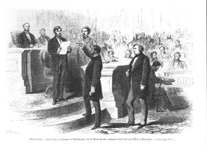 Hiram Revels, the first black Senator of the State of Mississippi being sworn into the Washington Congress by French School