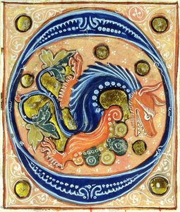 Historiated initial O depicting a griffin