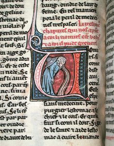Historiated initial depicting a man vomiting by French School