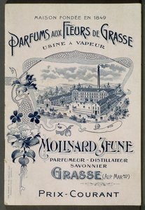 House founded in 1849 - Fragrances aux Fleurs de Grasse - Steam plant: Molinard Jeune - Advertising card presenting the Molinard factory - engraving, beginning 20th century