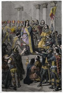 Hugh Capet elected King - Coronation of Hugh Capet, King of France, July 3, 987 at Noyon, by Adalberon, Archbishop of Reims by French School