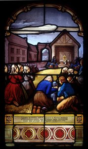 Ignace Le Garrec, vicar priest in Kerlaz during the Revolution, celebrates a last parish mass in a barn in Caouët, January 1793 - stained glass of St Germain church in Kerlaz by French School