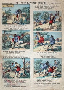 Illustration of the fable by Jean de la Fontaine: the wolf became a shepherd by French School