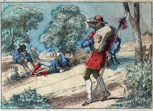 Illustration of the fable by Jean de la Fontaine: the wolf became a shepherd by French School