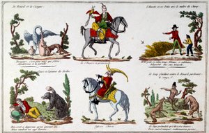 Illustration plate for the fables by Jean de La Fontaine: the Fox and the Stork, the Chinese walking, the bear and the garden lover, the Chinese officer. Engraving