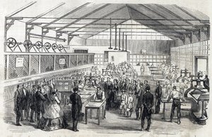 Empress Eugenie and Imperial Prince visit the Banque de France, 23 June 1866 - printing of banknotes - engraving in Le MONDE Illustre DU 07/07/1866