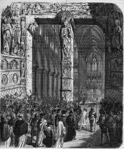 In Canossa, Emperor Henry IV of the Holy Roman Empire in penitent dress implores the forgiveness of Pope Gregoire VII. Crimes of the Queen King and Emperors through the centuries by Mauri by French School