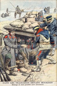 In the trenches before Mukden, Russian-Japanese War. Japanese and Russian troops exchanging food and drink. Illustration for Le petit Journal, 22 January 1905 by French School
