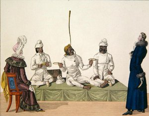 Indian jugglers performing a balancing act, plate 87 from le Bon Genre, c.1810 by French School