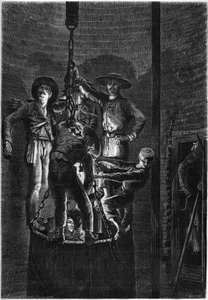 Interior appearance of a coal mine well: ascent of the dumpster. 1861. Engraving in Le Monde Illustré n°238 of November 2 by French School
