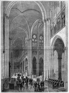 Interior of the Basilica Saint Denis (Saint Denis) restored after the plans of Eugene Viollet-le-Duc (Viollet le Duc) (1814-1879). Engraving in "The Illustrous Universe" by French School