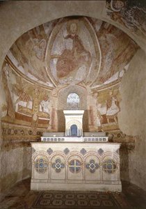Interior view of the choir with Christ in Majesty, the Crucifixion of Peter and other scenes by French School